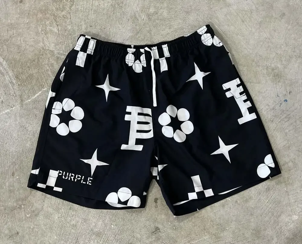 Purple Brand Monogram Swim Trunks Black White Logo Print XL Shorts